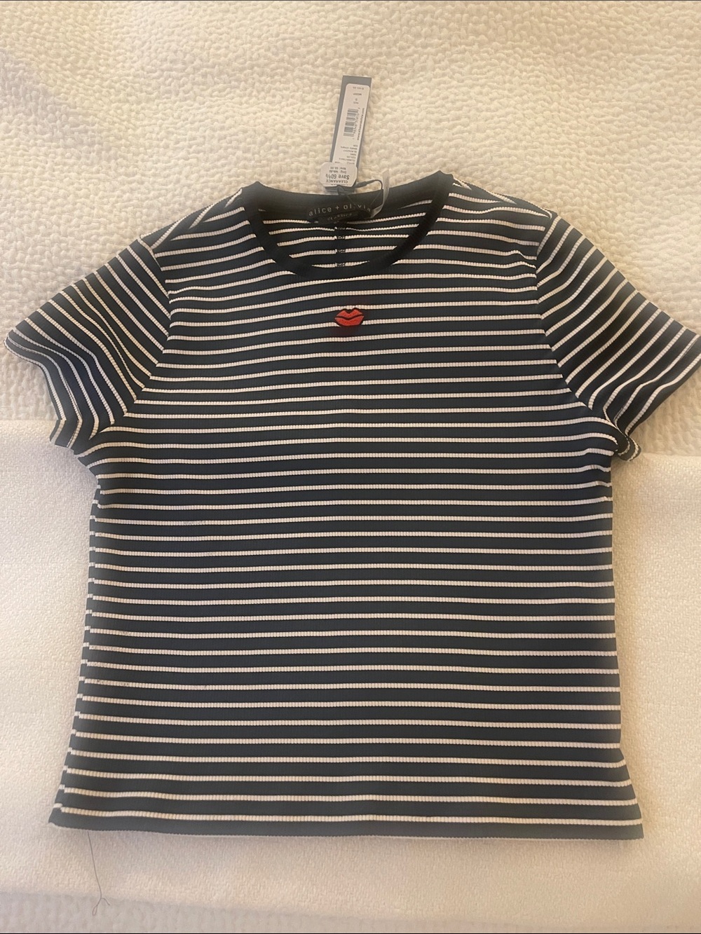 Alice + Olivia Black & White Striped Tee with Red Lip Patch